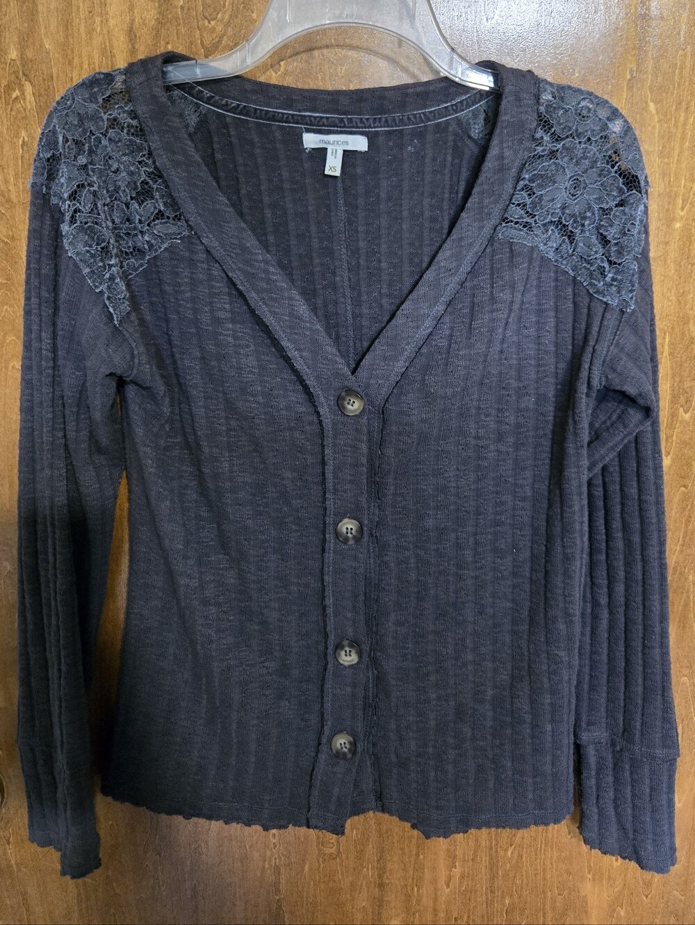 Gray Lace-Shoulder Ribbed Button Cardigan - XS